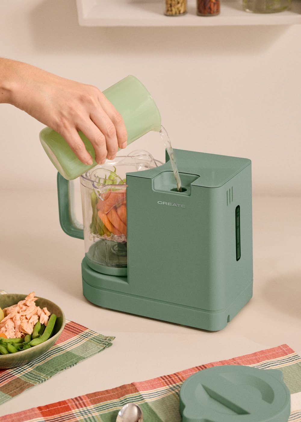 CREATE/BABY CHEFBOT/Multifunktionaler Sterilisator und Küchenroboter für Babys Salbeigrün/BPA-frei, 6 Funktionen, programmierbar, doppelte Höhe für Babyflaschen, 700W