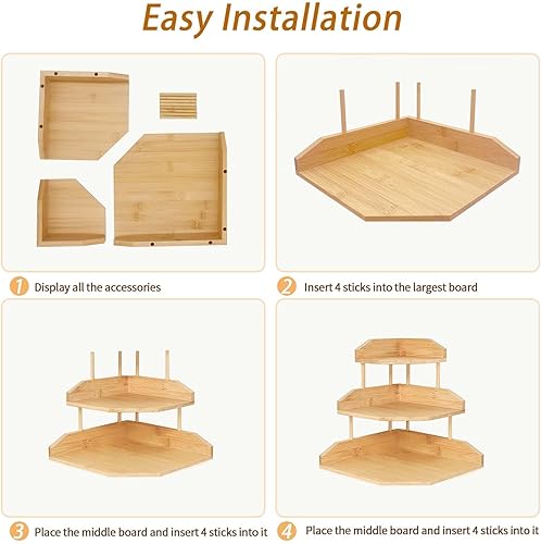 Miniatura 8 de HYNAWIN Estante organizador de escritorio de esquina de bambú, estante de almacenamiento triangular de 3 niveles para oficina y hogar, estante