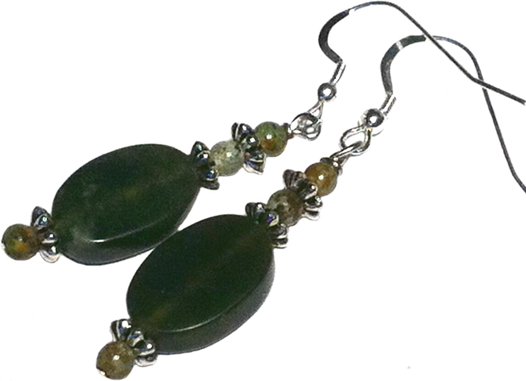 Dark jade green serpentine and opal earrings; Natural green gemstone St. Patrick's Day earrings; Sterling silver; Pinch proof; Handcrafted in WA;