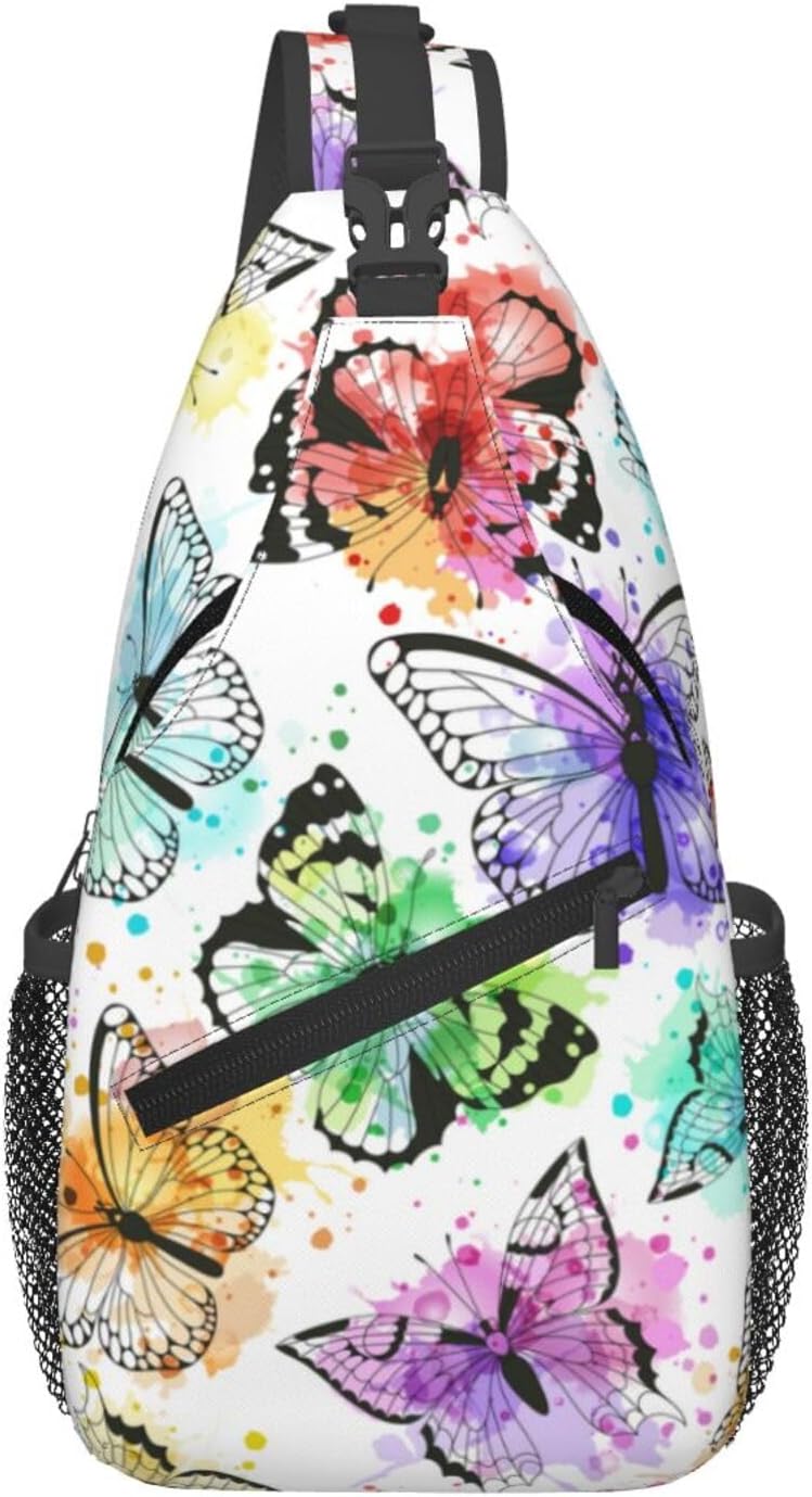 Colorful Butterfly Crossbody Sling Bag for Women Men Rainbow Butterflies Watercolor Spots Sling Backpack Cute Insect Pattern Chest Bag Cross Shoulder Pack Casual Travel Hiking Sports Daypack