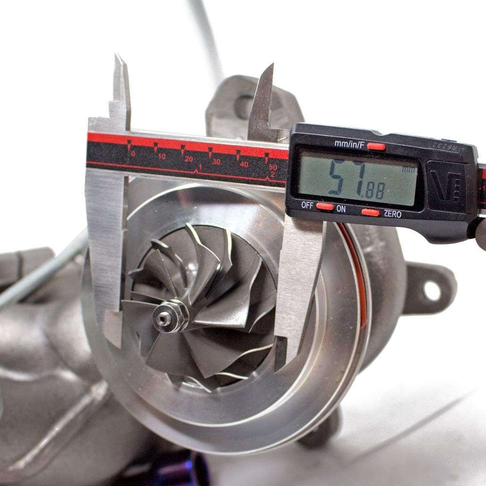 Digital caliper measuring the 57mm exducer diameter of the compressor wheel
