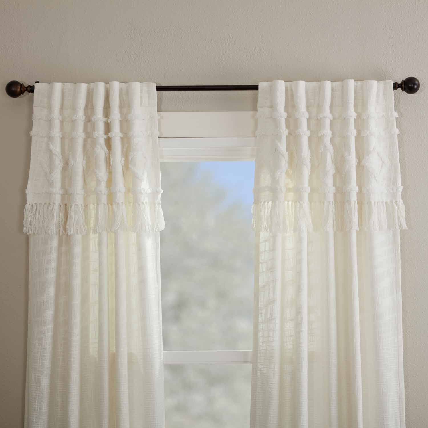 Piper Classics Harmony Panel Curtains w/ Fringe, Set of 2, 96" Long x 50" W, Farmhouse, Boho, Vintage Drapes, Off White Diamond Chenille Pattern