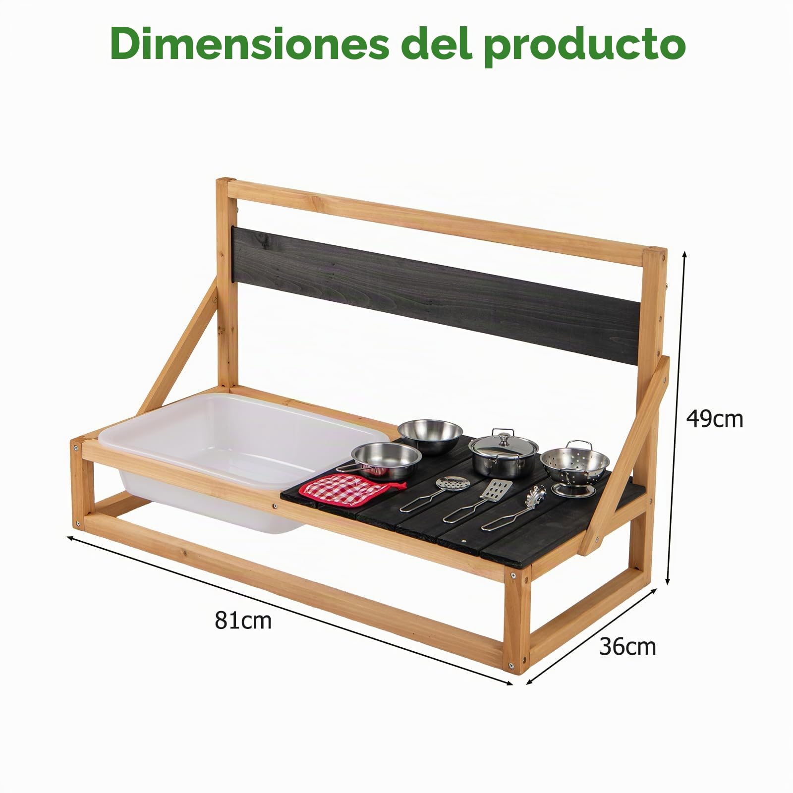 HOMASIS Cocina de Barro y Madera de Abeto Con Pizarra, Fregadero, Accesorios y Paño, Set Infantil de Exterior para Niños de 3+ Años, 81x36x49cm, Natural