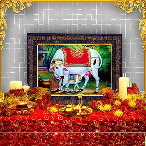 Image of Hawai Holy Kamdhenu Cow with Calf Photo Frame, Size 8.5 x 7 Inch | Engineered Wood Wall Hanging Religious Home Decor | Vastu & Pooja Room Frame for Home Office Shop Temple | SFDI289BLKFRM