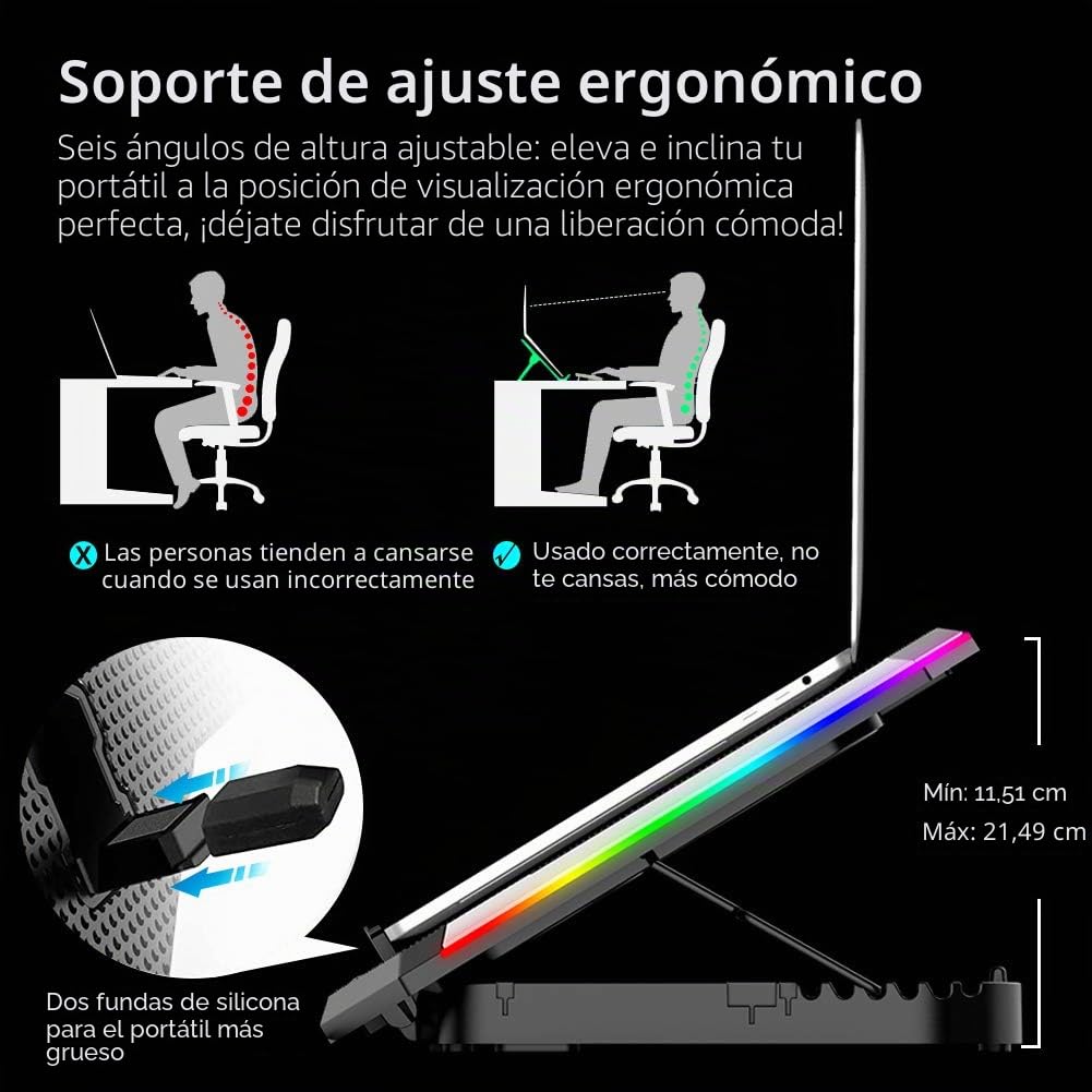 Ice COOREL Almohadilla de refrigeración RGB para Laptop de 15.6 a 17.3 Pulgadas, Soporte Enfriador para portátil con 6 Ventiladores de refrigeración silenciosos y 6 Alturas Ajustables, Pantalla LCD y