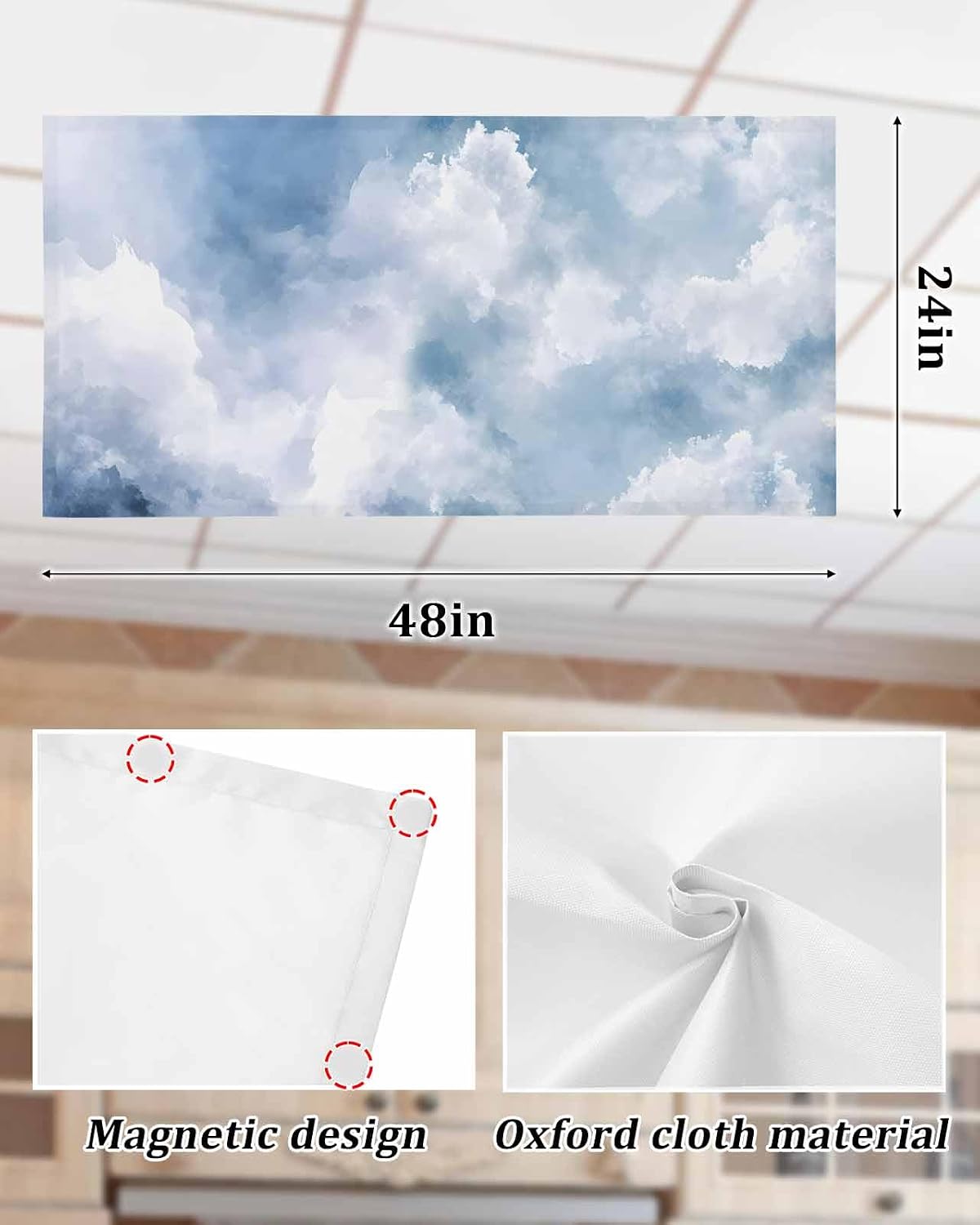 Watercolor Cloud Gradient 2 Pcs Fluorescent Light Covers 4 x 2 FT, Light Covers for Ceiling Lights Classroom Lights Filters Cover Magnetic for Office School Home Sky Blue