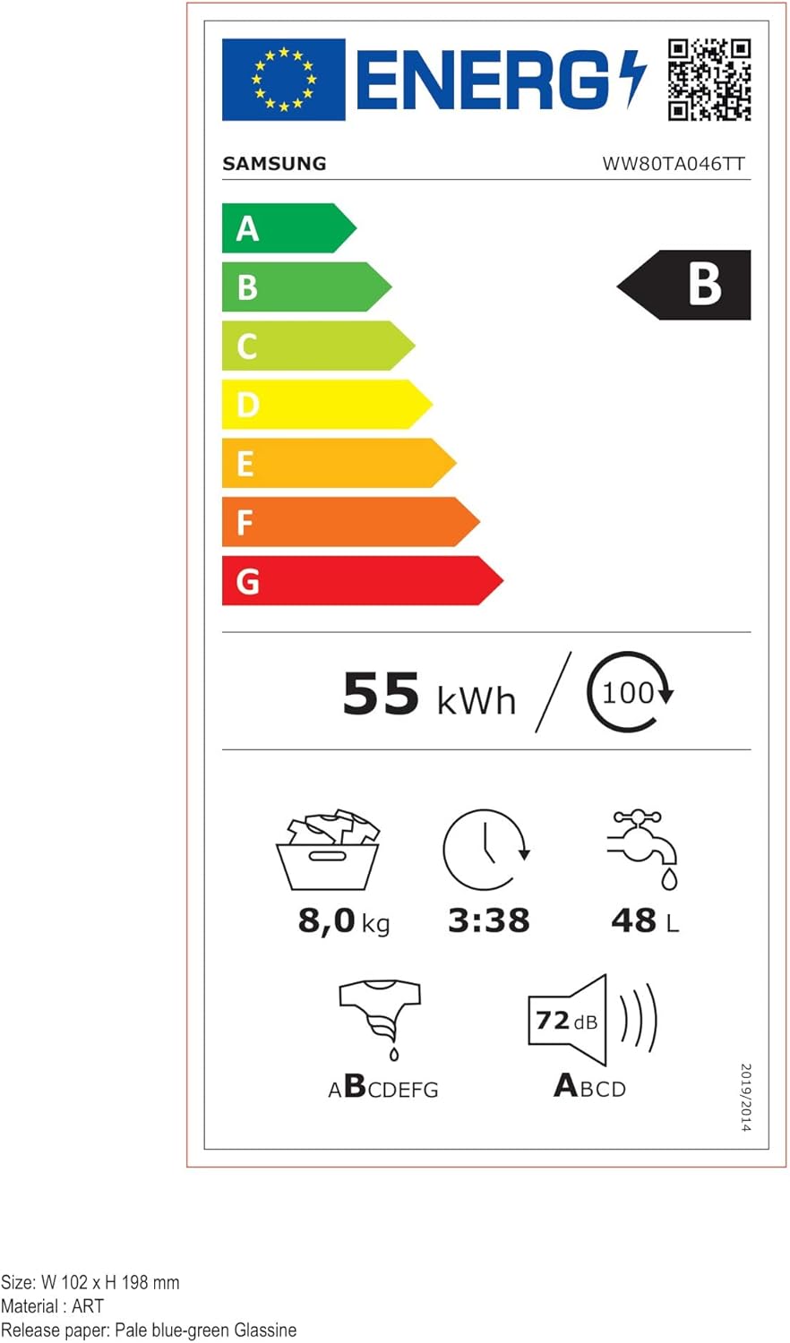 Samsung Lavatrice Crystal Clean WW80TA046TT, Libera installazione, 8 Kg, 1400 RPM, Classe B, Ecobubble, Vapore, Carica Frontale, 60l x 85h x 55p cm