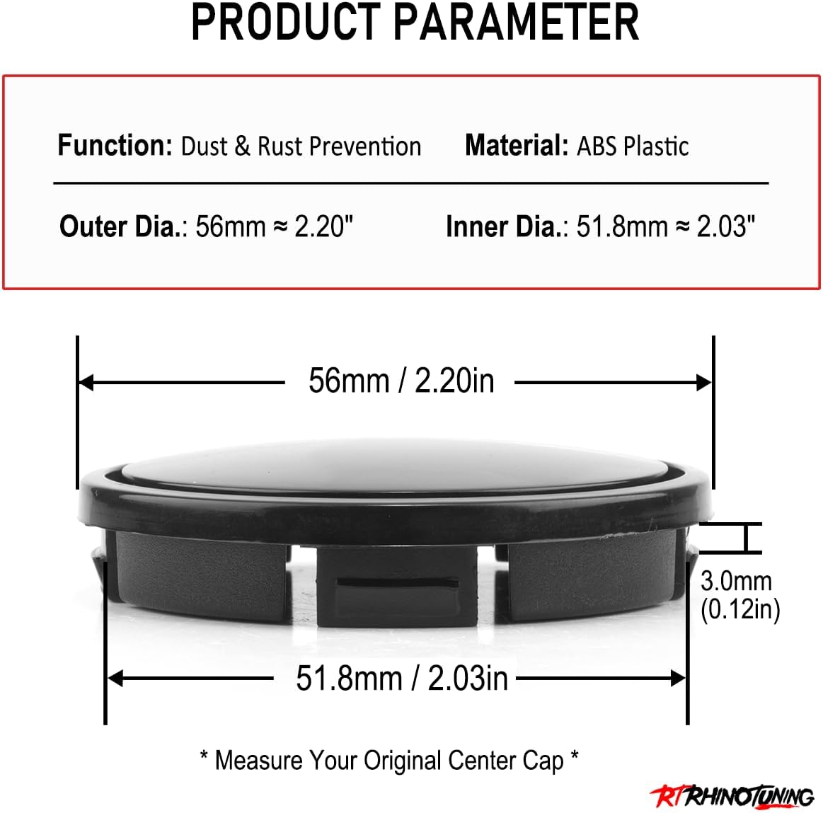 RTRHINOTUNING 56mm/2.2inch Wheel Center Hub Caps Compatible with Golf Jetta Beetle Rim Caps 1J0601171, OD: 2.2"(56 mm) ID: 2.03"(51.8 mm) 4 pcs Black Car Center Caps for Rims