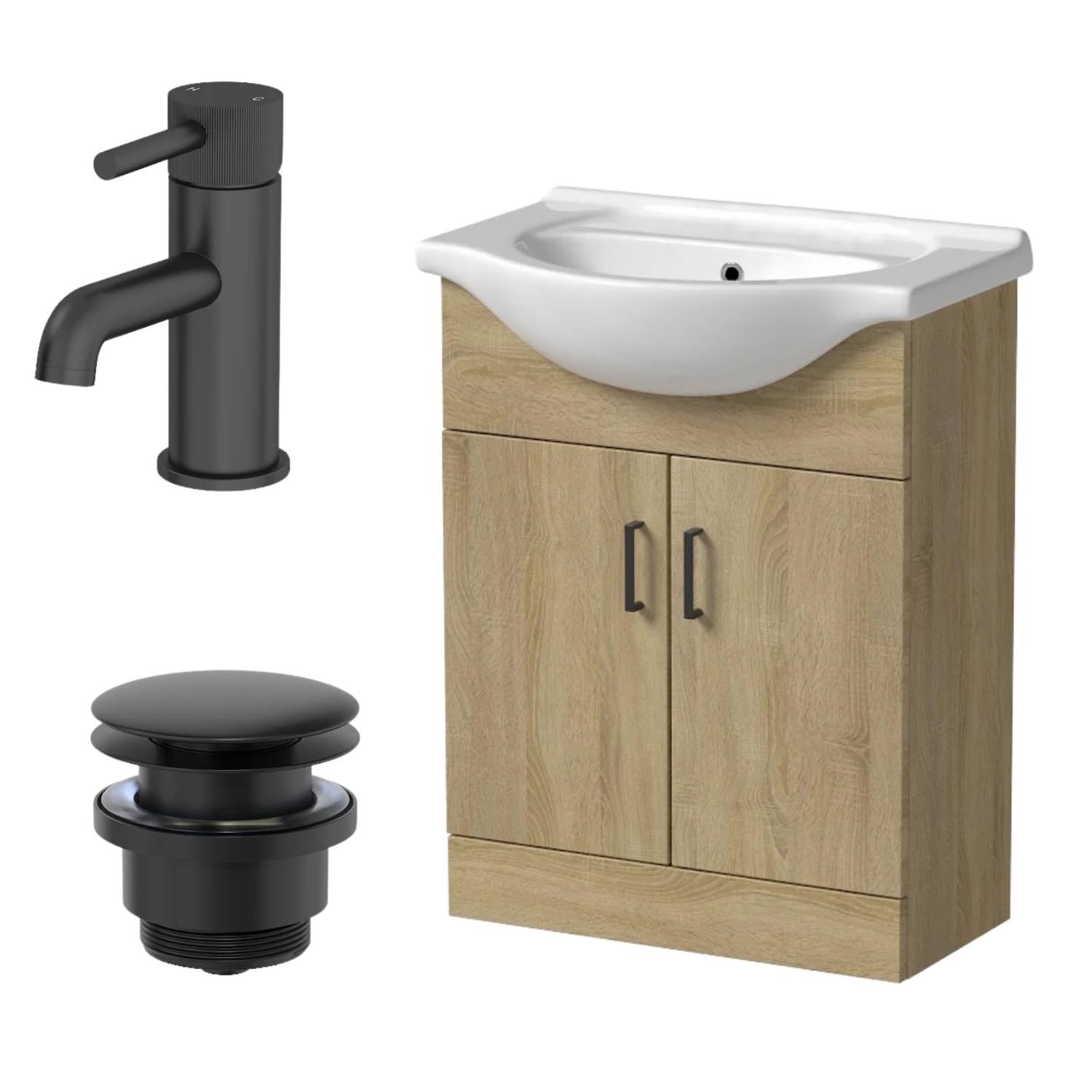 Affine® 650mm Bathroom Vanity Unit Ceramic Sink Floorstanding Storage Cabinet Cupboard & Black Fluted Basin Tap & Waste Set, Oak Effect