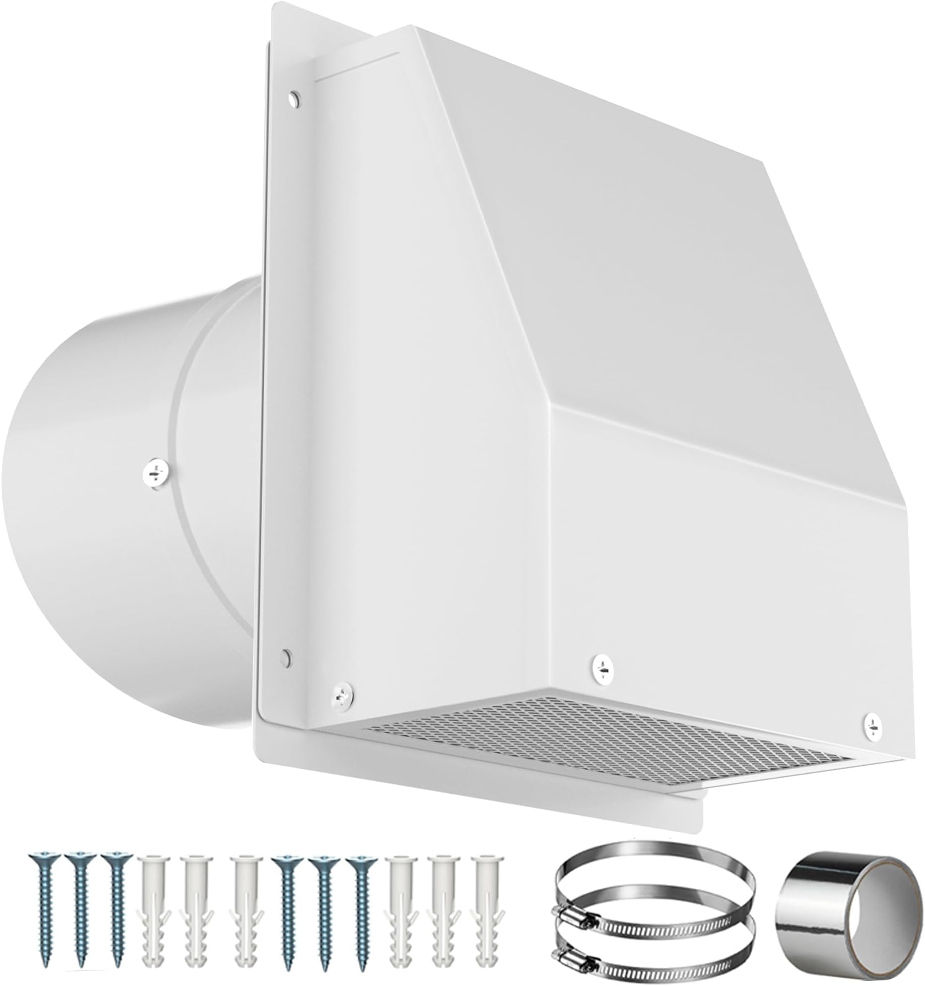 6 Inch Hooded Wall Vent with Screen and Damper, Galvanized Steel Wall Vent Cover White Metal Hood Cap Exhaust Duct Pipe Kit with Hose Clamp Aluminum Foil Tape Screw for Laundry Room Bathroom Basement