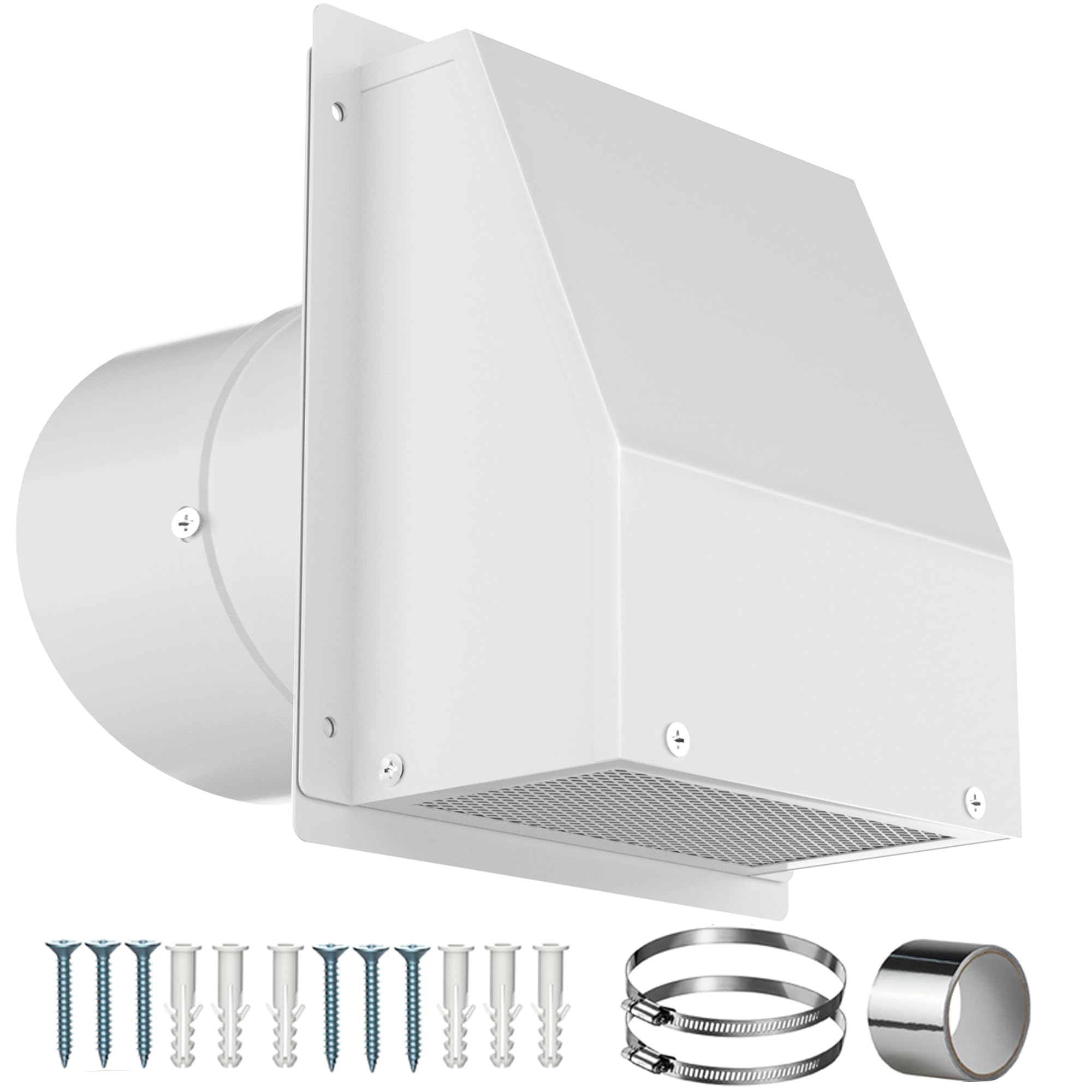 6 Inch Hooded Wall Vent with Screen and Damper, Galvanized Steel Wall Vent Cover White Metal Hood Cap Exhaust Duct Pipe Kit with Hose Clamp Aluminum Foil Tape Screw for Laundry Room Bathroom Basement