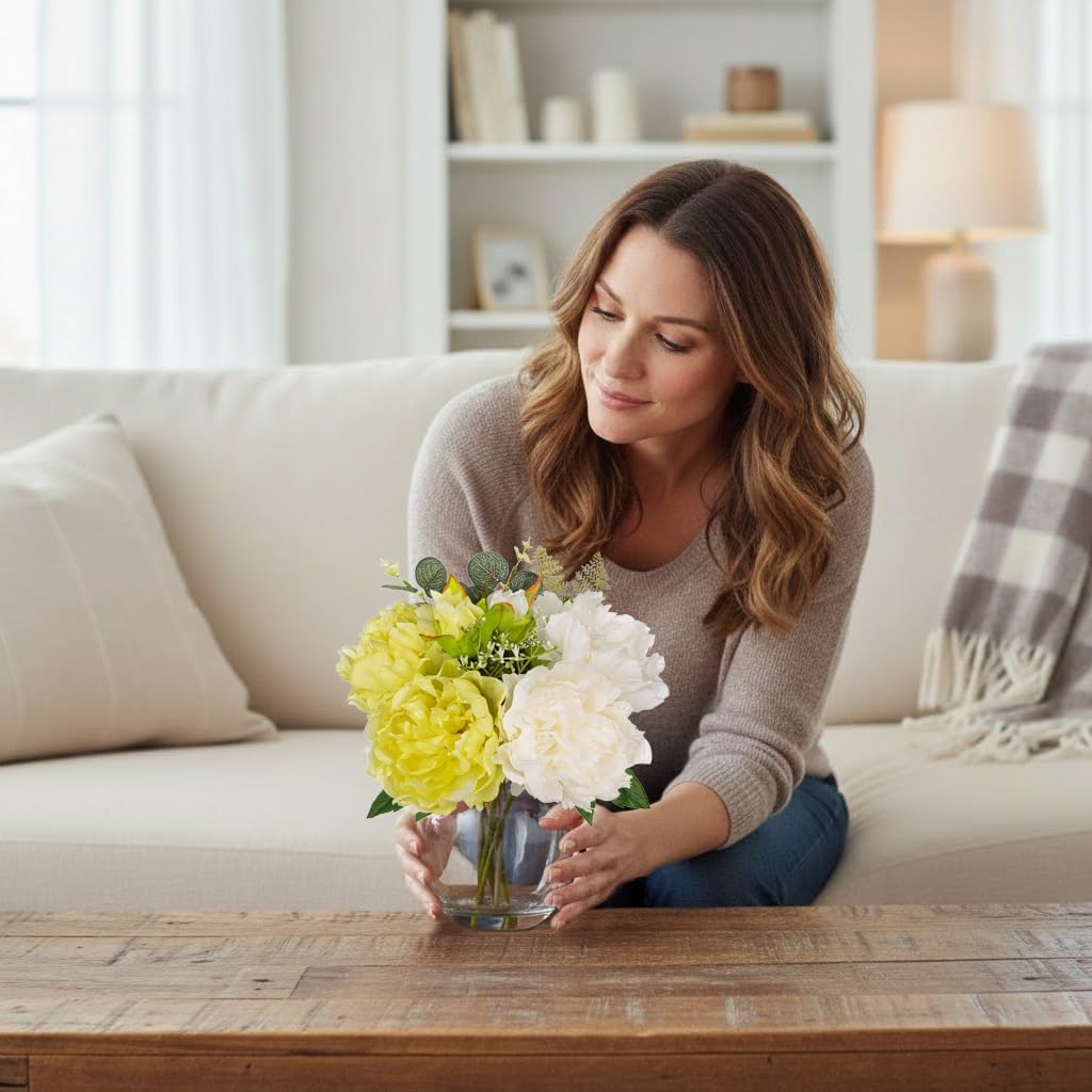 Hollyone Peonies Artificial Flowers Peony Fake Flowers in Vase Silk Flower Arrangements with Glass Vase with Faux Water for Home Decor Bathroom Coffee Table Centerpiece Decorations Green and White
