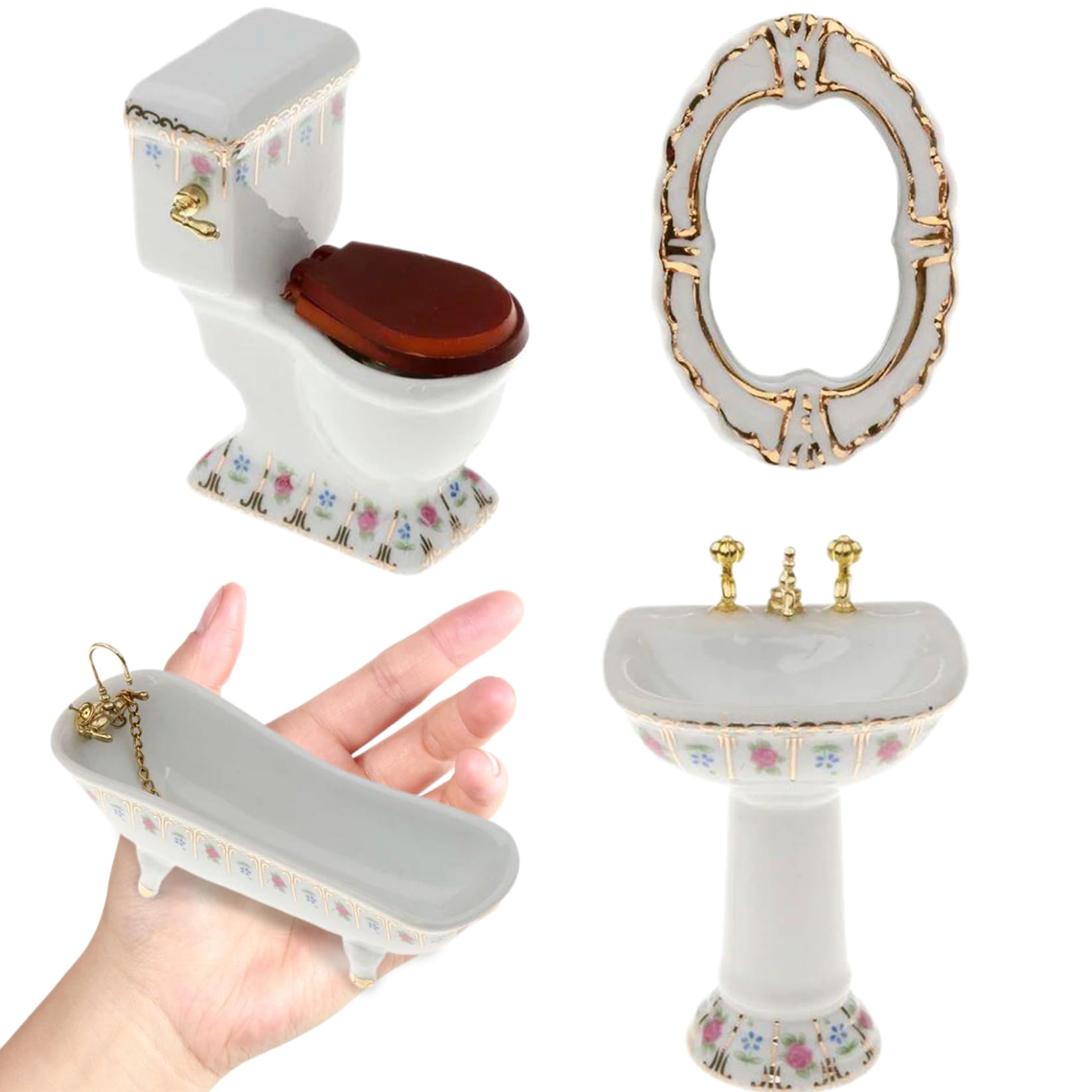 Pesoncarl 4Pcs/Set Dollhouse Furniture Set, 1/12 Porcelain Dollhouse Bathroom, Includes Toilet, Bathtub, Sink and Mirror Realistic Miniature Furniture DIY Accessories, Toys
