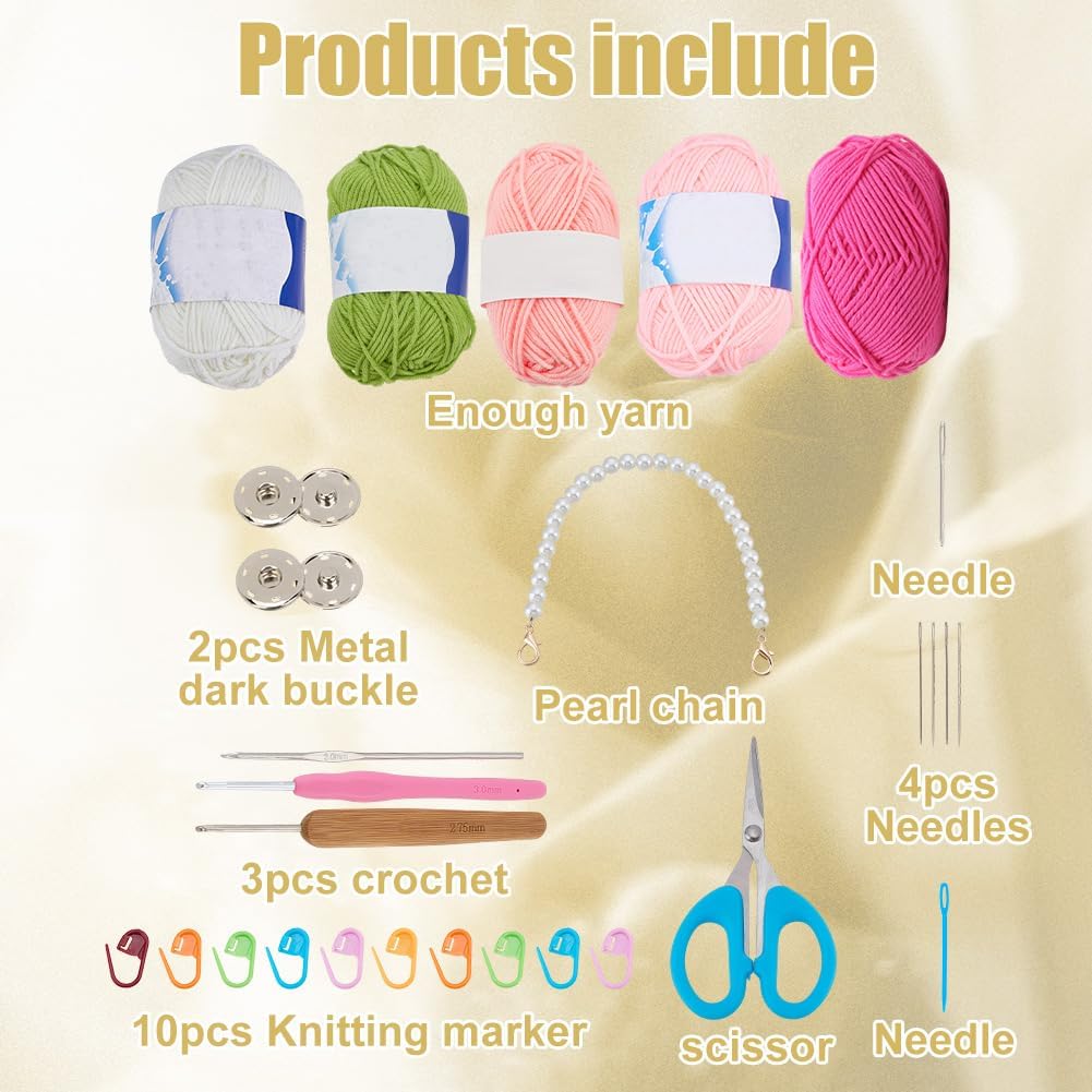 FREEBLOSS Rose Crochet Bag Kit with Video Tutorials Knitted Rose Handbag Crochet Kit for Beginners Adults Handmade Bags for Gift Adult Crafts Projects