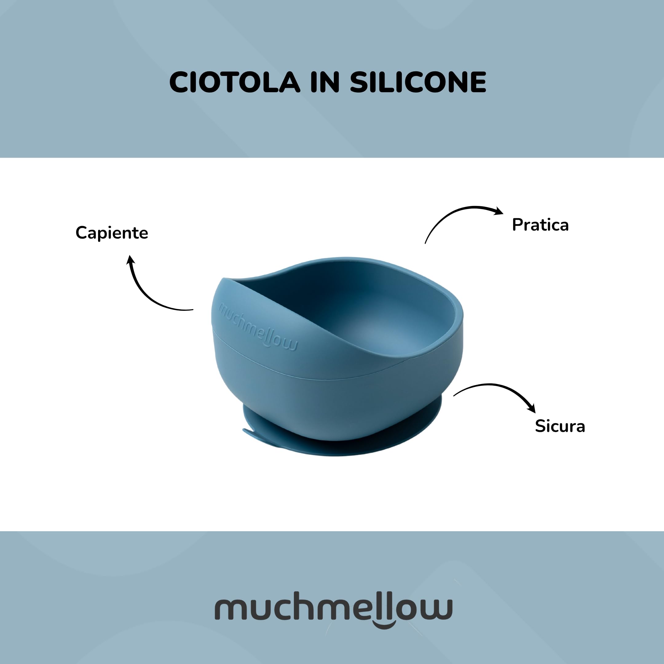 Muchmellow - Set Pappa Silicone MADE IN ITALY 4 Pezzi, Ciotola con Ventosa Anticaduta, Piatto, Cucchiaio, Bavaglino Regolabile, Svezzamento, Plastic Free, BPA Free, Lavabile Lavastoviglie (Blu)