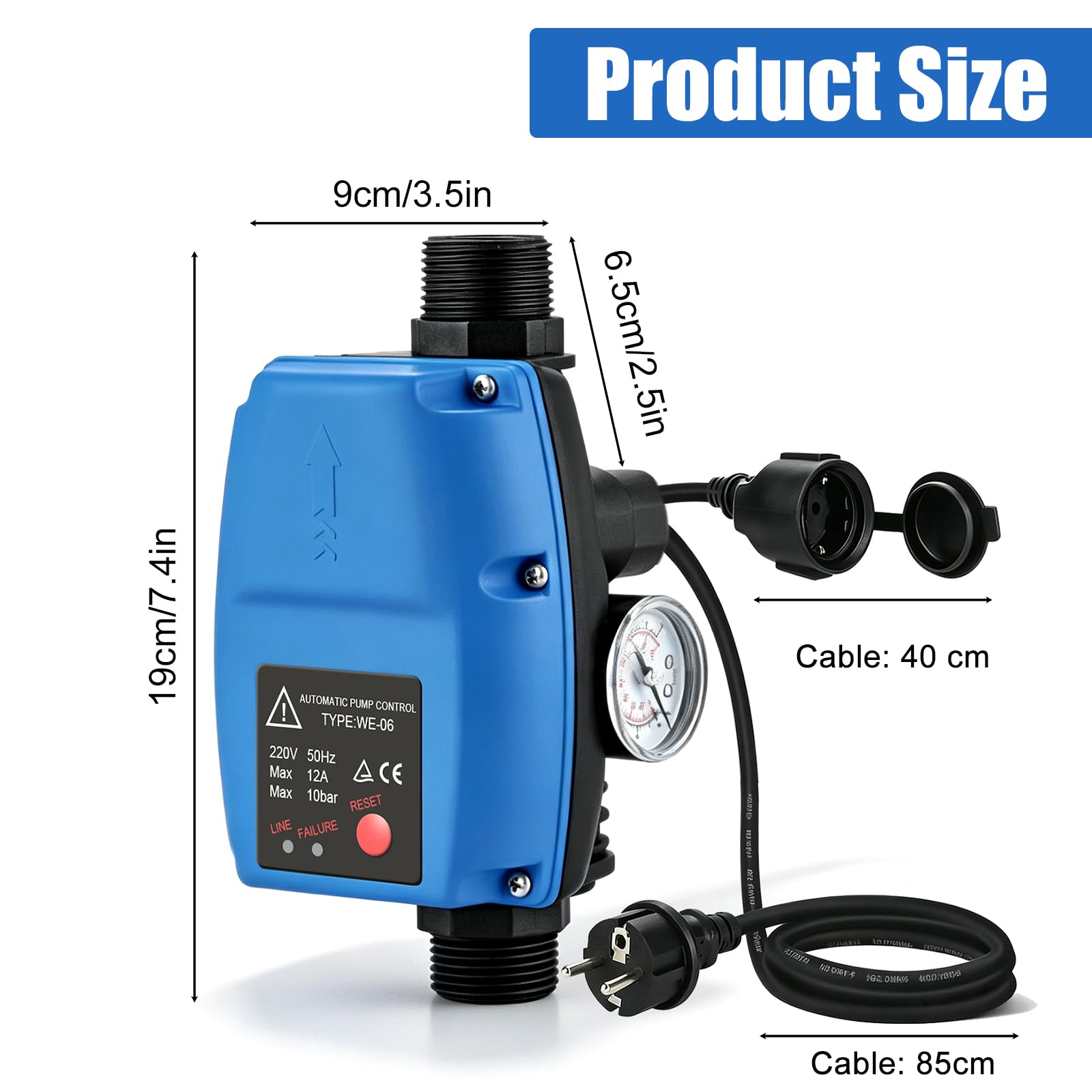 Pumpensteuerung Druckschalter mit Manometer - Druckschalter Wasserpumpe, Automatischer Pumpendruckregler, Druckwächter Druckschalter 10 bar Durchflusswächter für Hauswasserwerk Kreiselpumpe Gartenpump