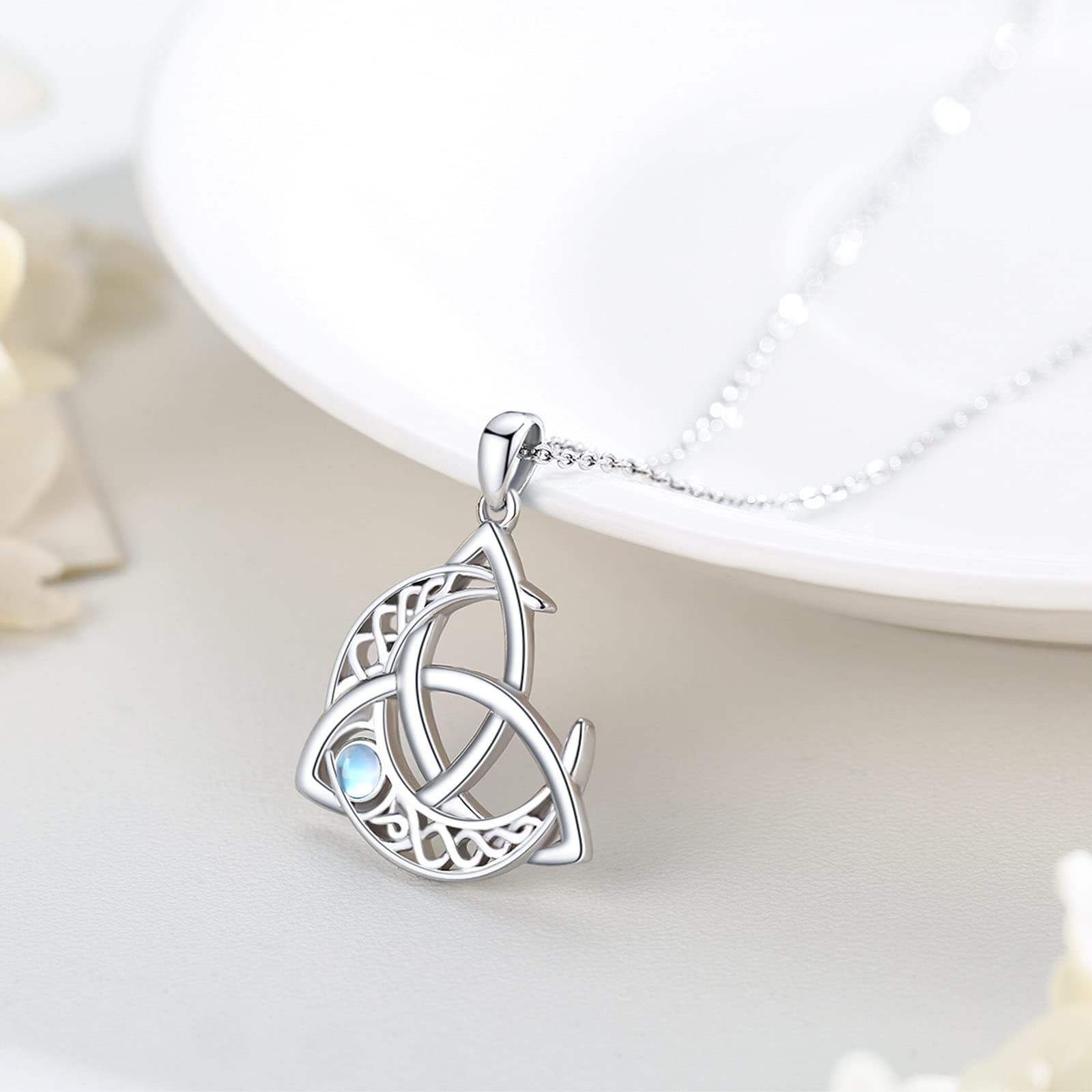 Midir&Etain Keltische Kette 925 Sterling Silber Keltischer Mond Anhänger Halskette Trinity Knot Mondstein Mond Göttin Halskette Schmuck Geschenke für Frauen Damen Mädchen
