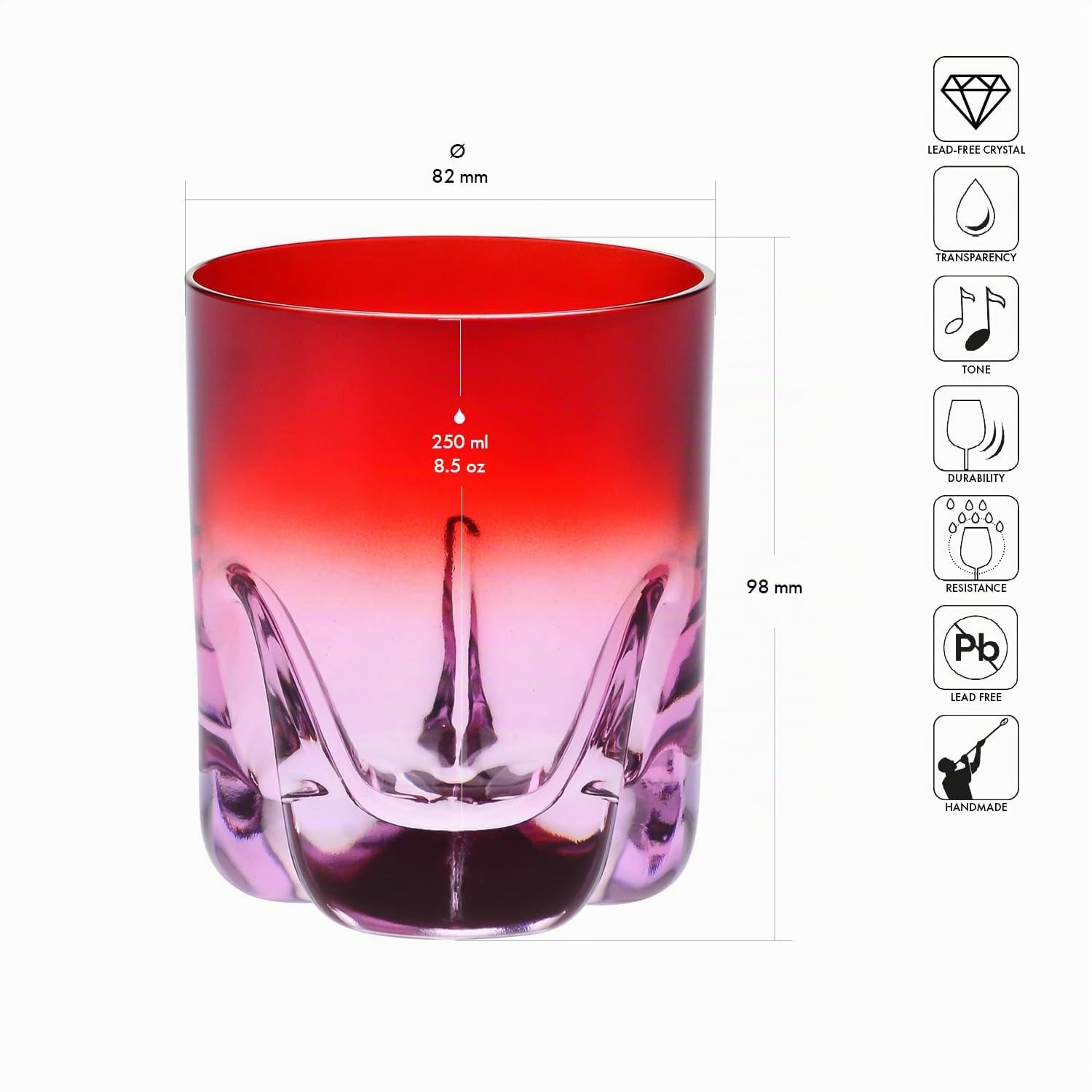 Krosno – Vasos de Whisky, Bebidas y Cócteles 250 ml – Set de 4 unidades en 4 colores únicos – Colección Aurora – Cristal sin Plomo – Pintados a Mano