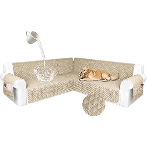Waterproof Sectional Couch Cover for Dogs, Extra Large L Shape Corner Sofa Cover, Non-Slip Washable U Shaped Sofa Slipcovers Furniture Protector (XX-Large, Khaki)