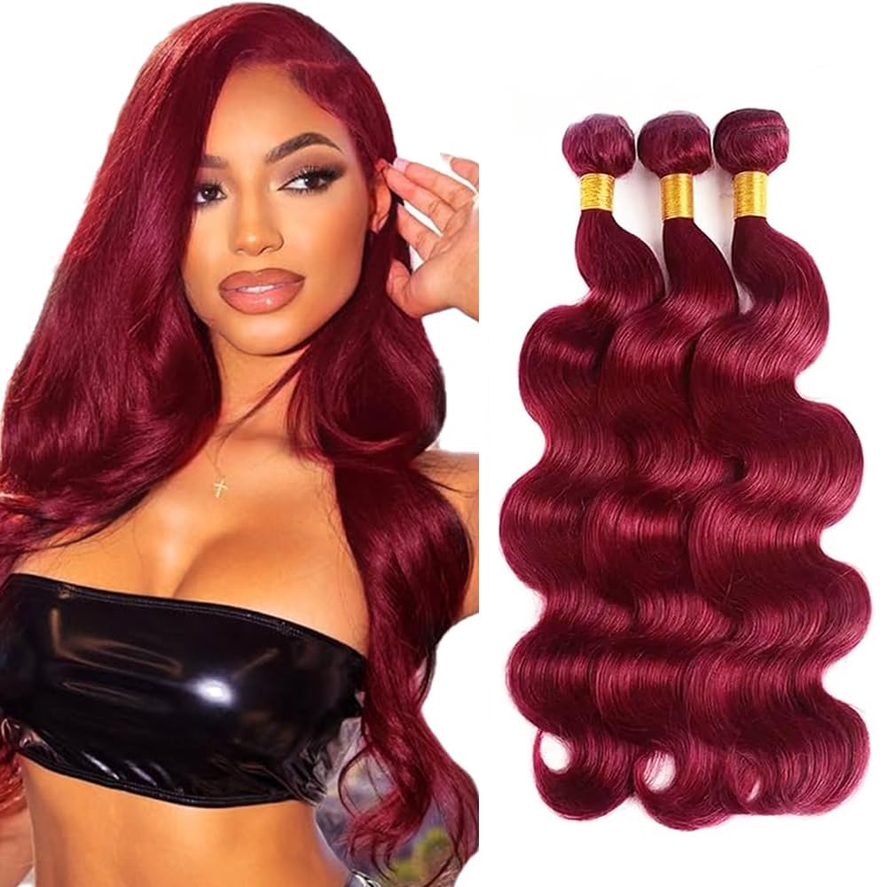 Photo 1 of Dark Burgundy Bundles 24 26 28 Inch 99J Body Wave Human Hair 3 Bundles 150g Brazilian Unprocessed Virgin Remy Burgundy Bundle Hair Extensions