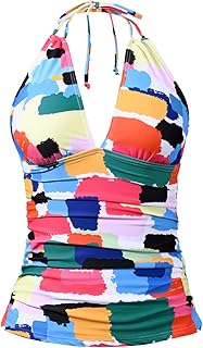 Women's Halter Tankini Top No Bottom V Neck Swimming Swimwear Tummy Control Bathing Suit Top, Color Block, M