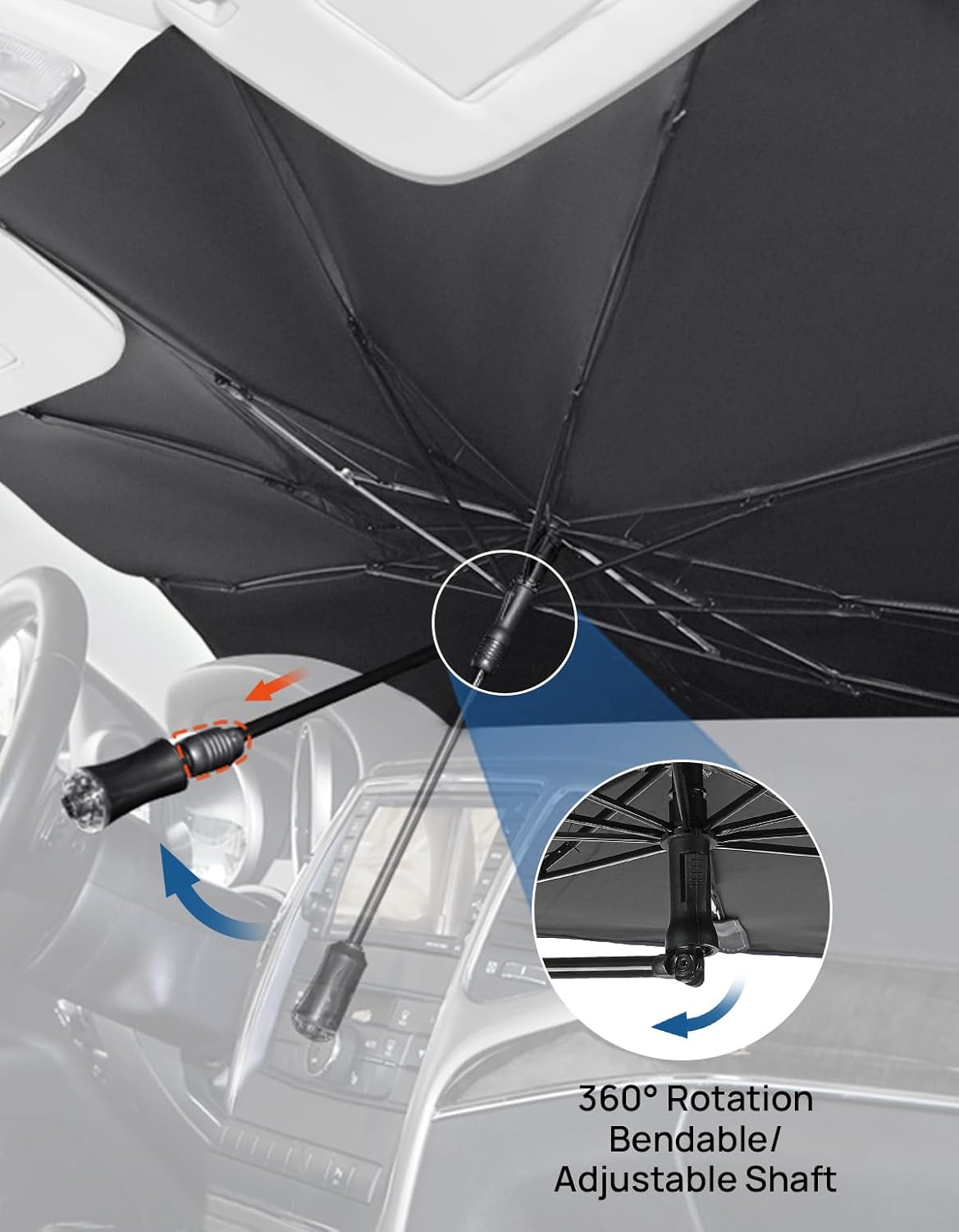 JOYTUTUS Windshield Sun Shade Umbrella, Fit for Ford 2015-2025 F150 F250 F350, Front Window Sun Shade with 360° Rotation Bendable Shaft, Titanium Silver Coating for UV Block, with Car Safety Hammer