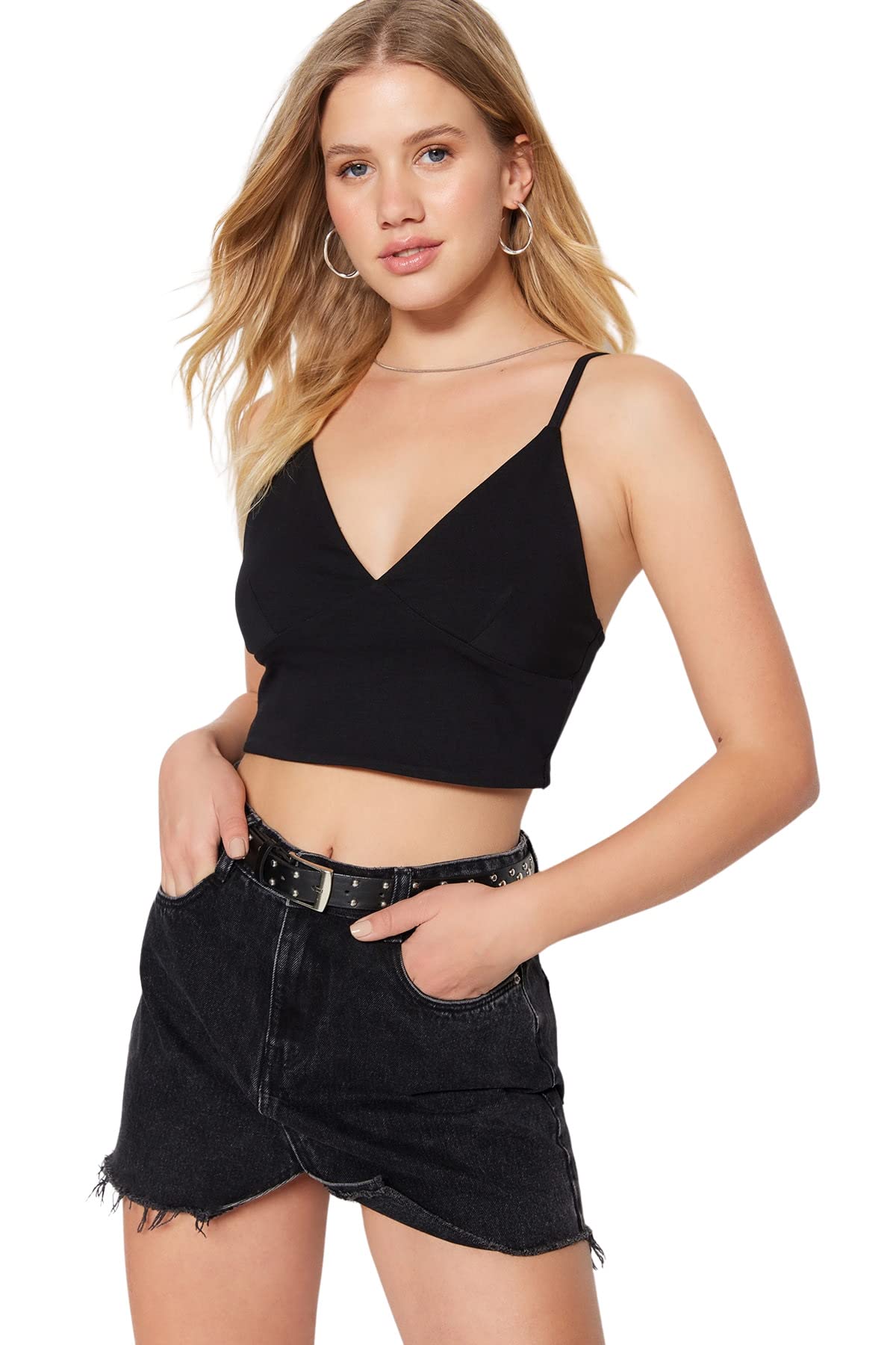 Trendyol Woman Regular fit Basic V Neck Knit Bustier,Black,M