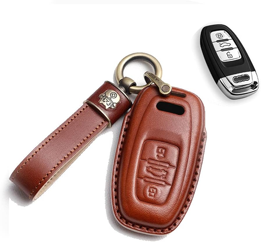 HIBEYO For Audi Key Fob Cover Case Compatible with Audi R8 Q5 Q7 S3 S4 S5 S6 S7 S8 SQ5 RS5 RS7 A4 A5 A6 A7 A8 Keyless Entry Smart Remote Auto Keychain 2021 Leather Full Protection Key Shell-brown
