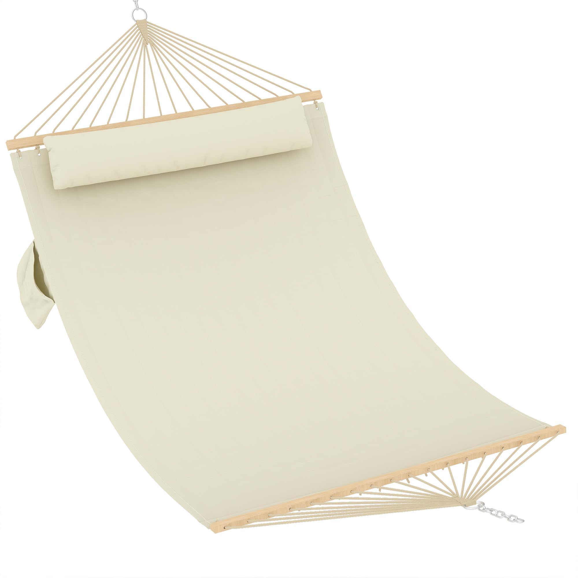 Garvee A-Beige Double Quilted Hammock For 2 Person, 3.5M Large Garden Hammock With Wooden Spreader Bar & Detachable Pillow, 204Kg Capacity Outdoor Swing Bed With Chains, White