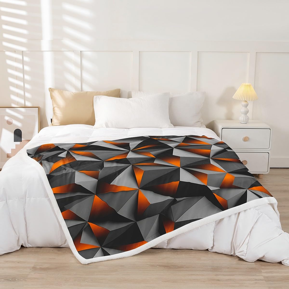 jejeloiu Orange and Black Fleece Throw Blanket Throw 50"x60" Sherpa Blanket Plush Fuzzy for Kids Boys Girls Decor Geometric Modern Abstract Bedroom Decor