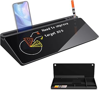 Schwarzes Desktop Whiteboard mit Stauraum, Glas Notiztafel für Büro Gadgets, abwischbare Mini Tafel mit 3 Kreidemarkern, Schreibtisch Organizer für Homeoffice, Büro und Schule