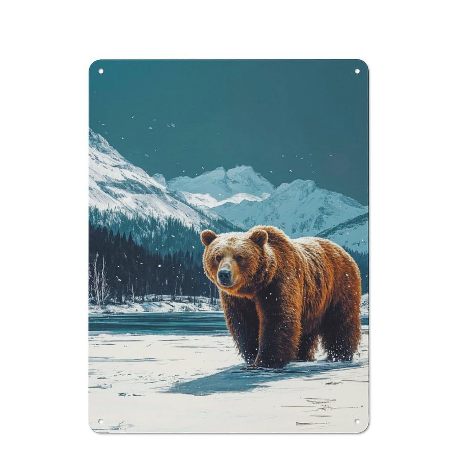 Junmoney Style-24 For Hobby Room Or Studio, Grizzly Bear In Winter Landscape Rustic Tin Wall Plaque 40X30cm, For Vintage Wall Decor Fans, For Metal Sign Collectors
