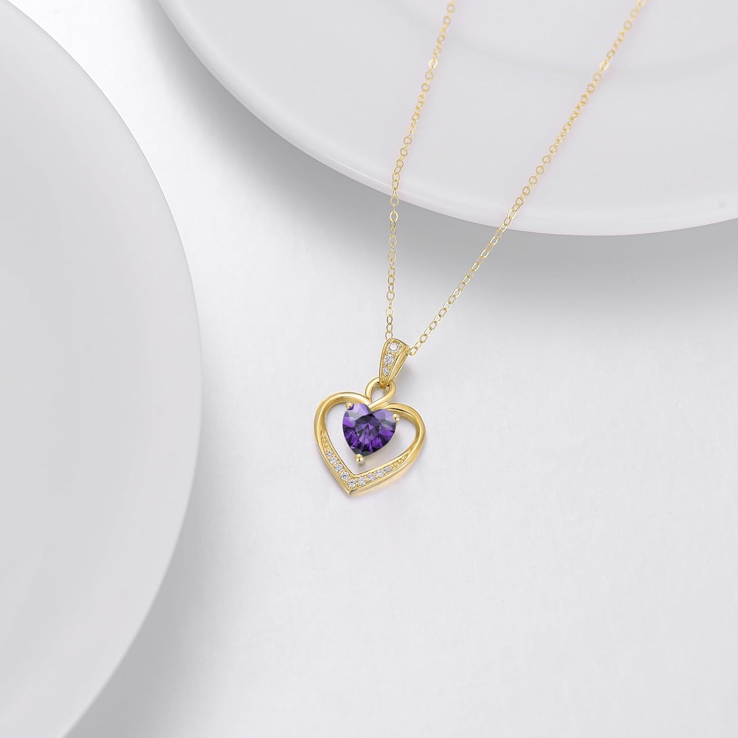 14K Gold Birthstone Heart Necklace for Women, Dainty Yellow Gold Colored Gemstone Love Heart Pendant Forever Love Jewelry Gift for Her,Mom, Wife 16"-18" - Image 4