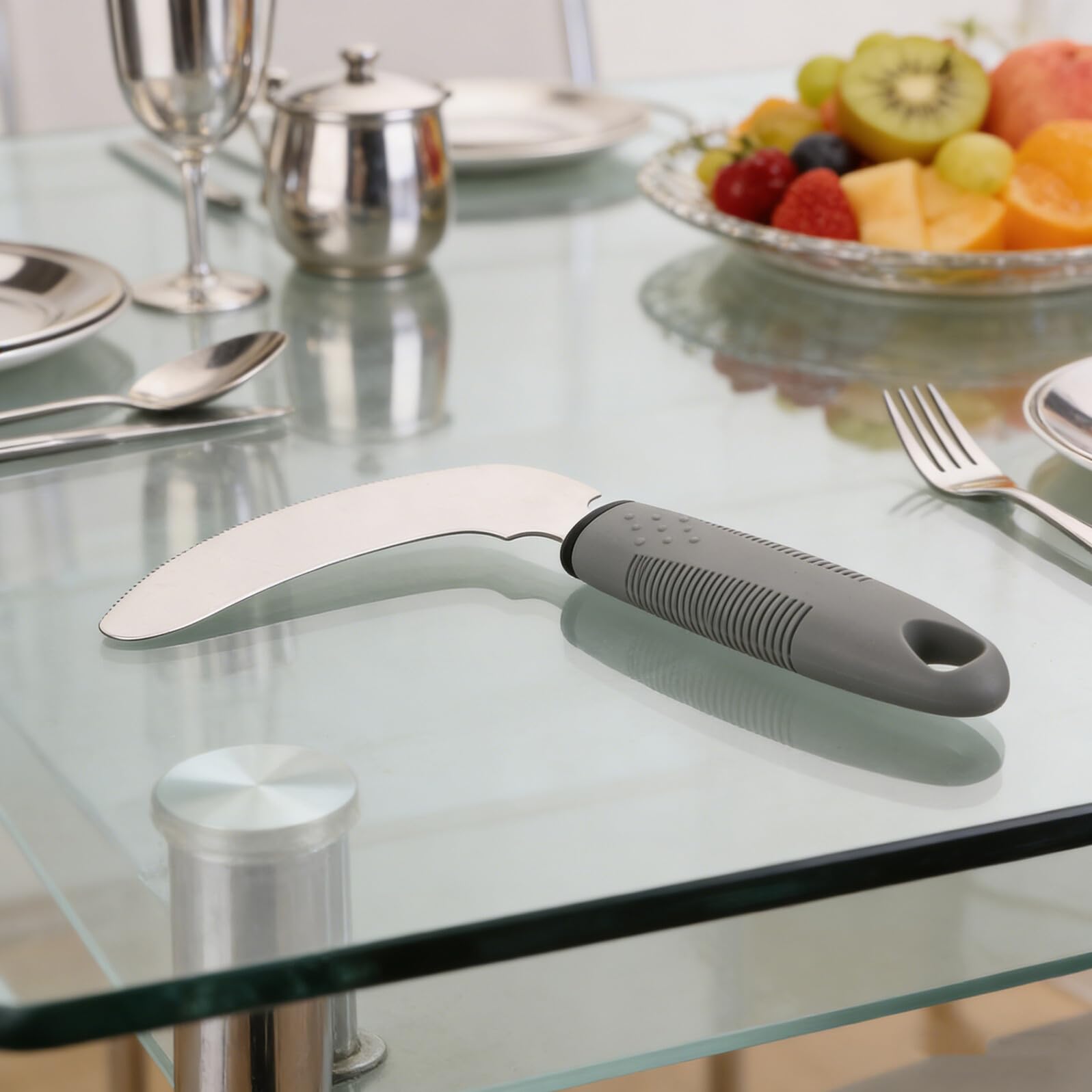 Couteau de Repas Adaptatif en Acier Inoxydable pour Personnes Âgées | Poignée Ergonomique en Pp, Forme Inclinée, Prise Antidérapante et Conception Anti-vibrations, Usage en Maison de Retraite