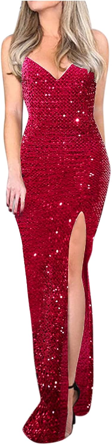 Women Party Dress, Womens Sexy V Neck Split Bodycon Dresses Sequin Gown Cocktail Evening Dresst Mermaid Long Dress : Sports & Outdoors