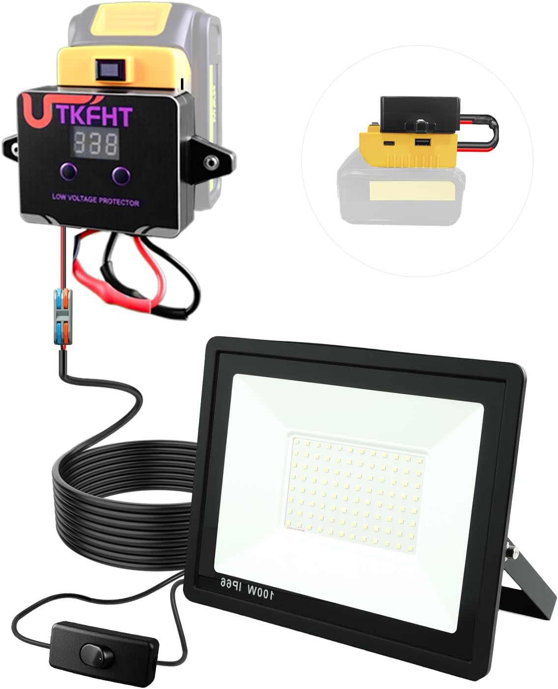 100W LED Work Light Compatible with Dewalt 20V Battery, 10000LM 6000K Portable Floodlight with Adjustable Low Voltage Protection, 360° Rotatable, USB-C PD & USB-A QC Outputs, Outdoor Job Site Lighting