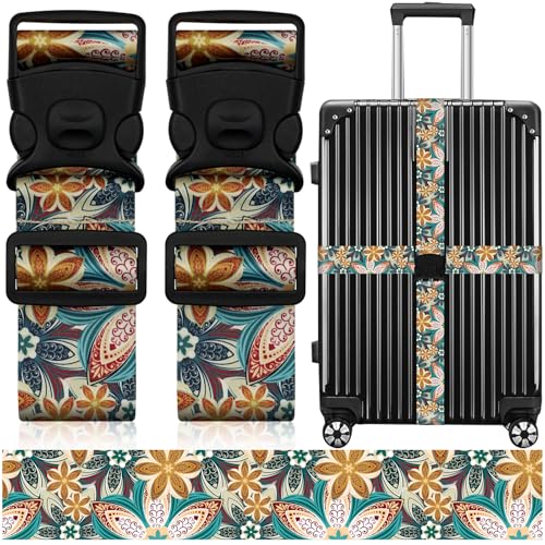 Image of 2 Pack Luggage Straps for Suitcases, Adjustable Travel Belt with Double Lock and Quick Release Buckle, Heavy Duty Nylon Bag Packing Strap, Unique Identifiers Business Travel Accessories-Green Flowers