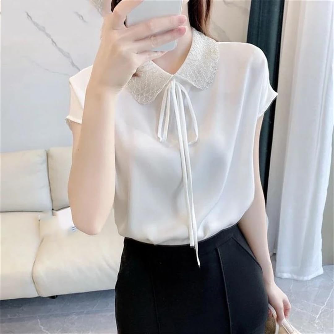 Camicetta da donna estiva in raso con fasciatura patchwork in pizzo a maniche corte camicetta tinta unita Top