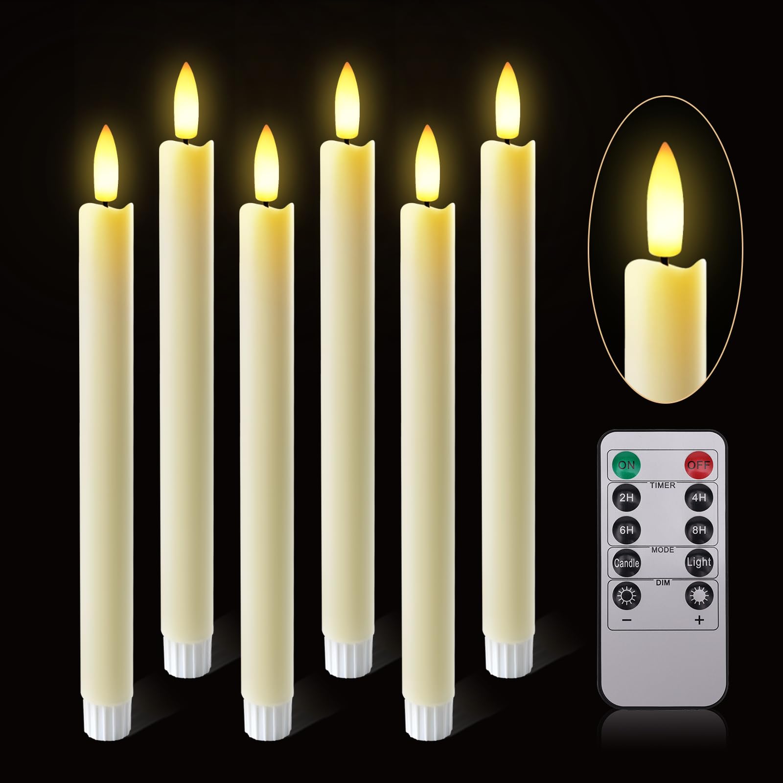 LED Flameless Taper Candles with Remote Timer Battery Operated Real Wax 3D Wick Flickering Window Candle Lights Best Gift for Xmas Wedding Home Dinner Decor Pack of 6