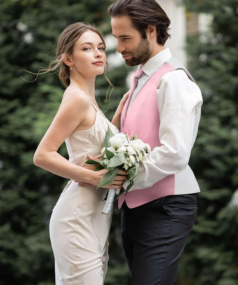 Solid Color Satin Suit Vest for Men Set of 4 - Vest, Tie, Bow Tie & Pocket Square (White Back)