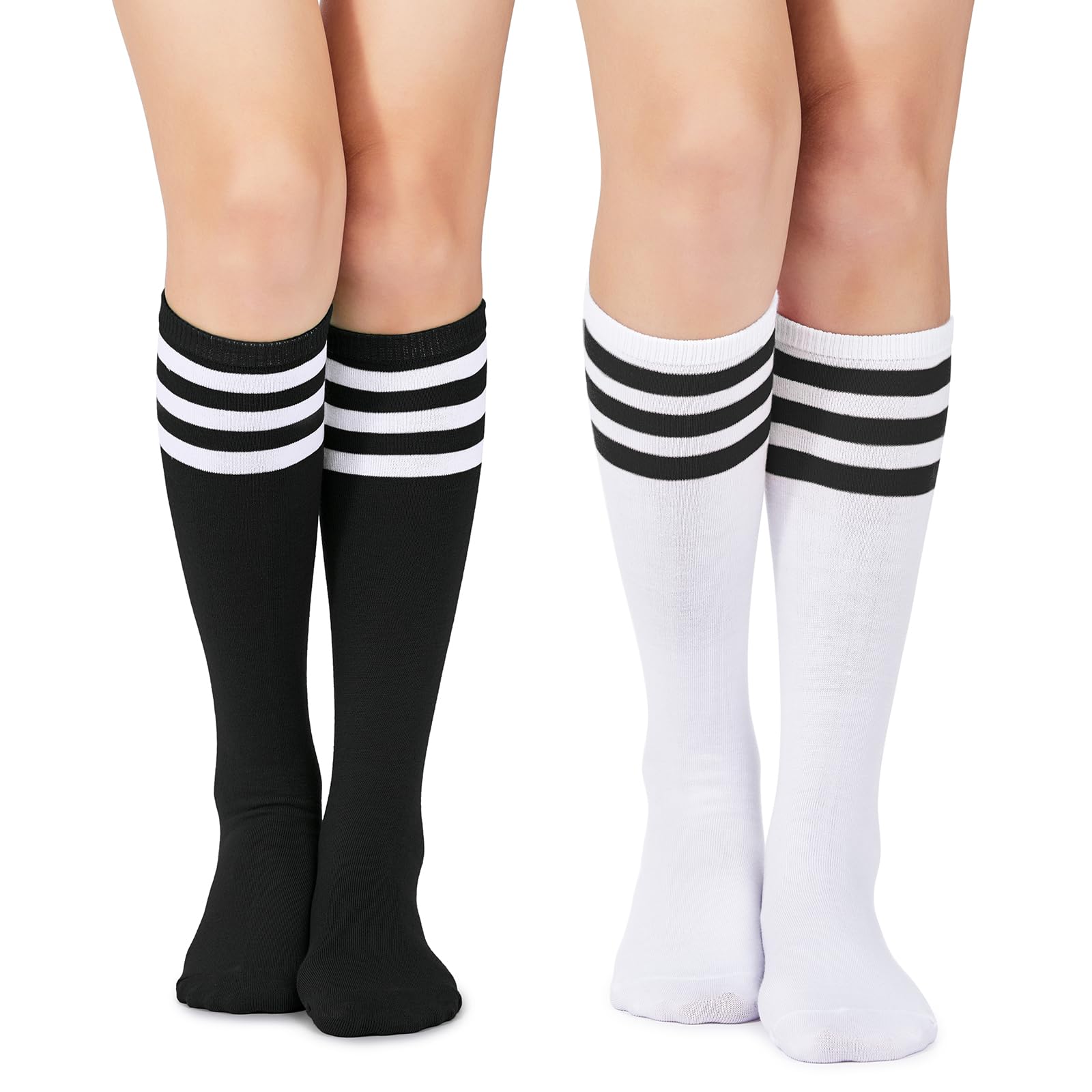 Knee High Socks Casual Striped Tube Socks Athletic Soccer Socks 2 Pack