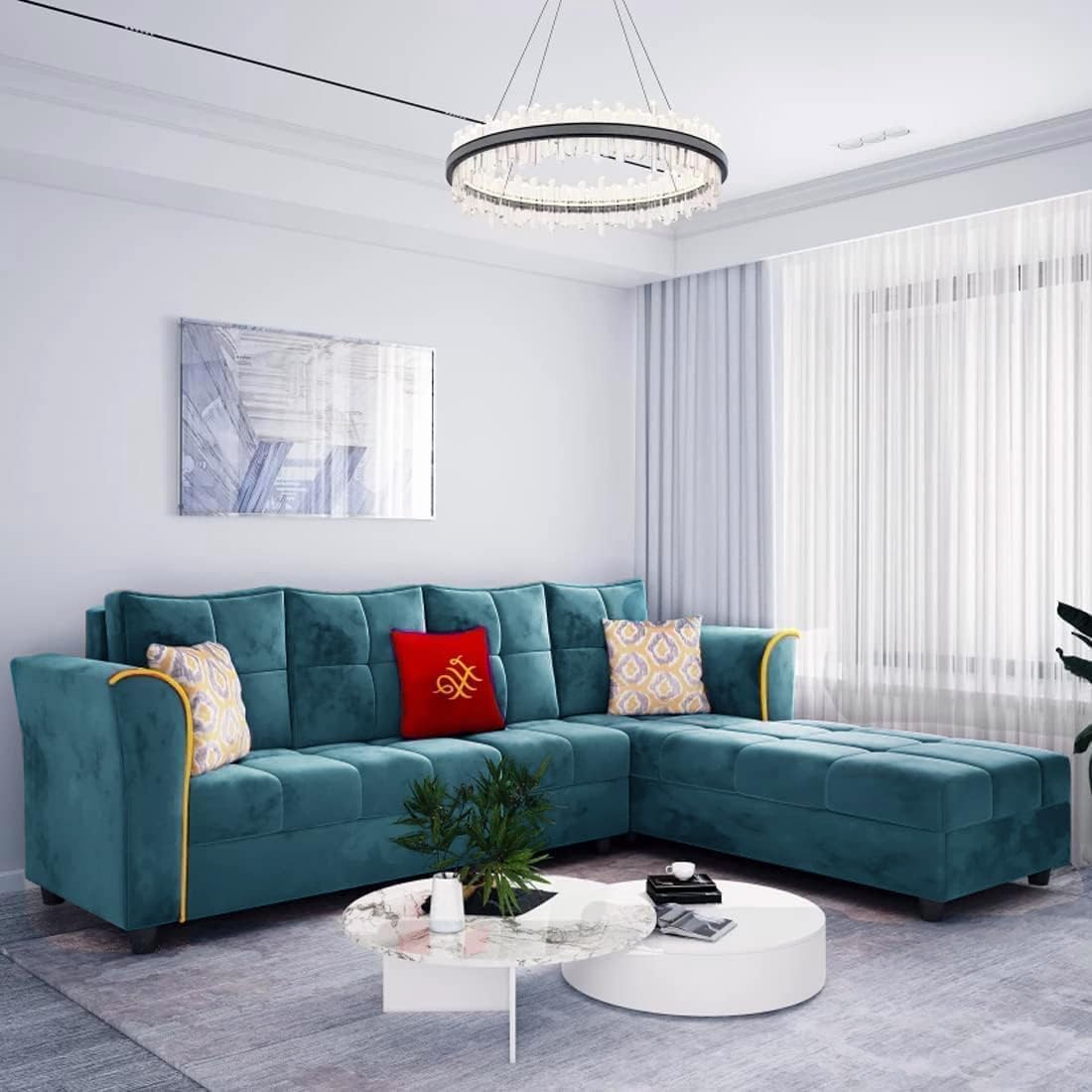 FURNY Melrond 6 Seater Fabric Sectional RHS L Shape Sofa Set (Teal)-image-10