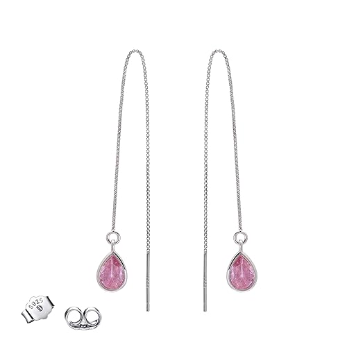 Hot Pink CZ Tear Drop Long Sterling Silver Chain Threader Earrings for Women, White Rhoium Gold Plating