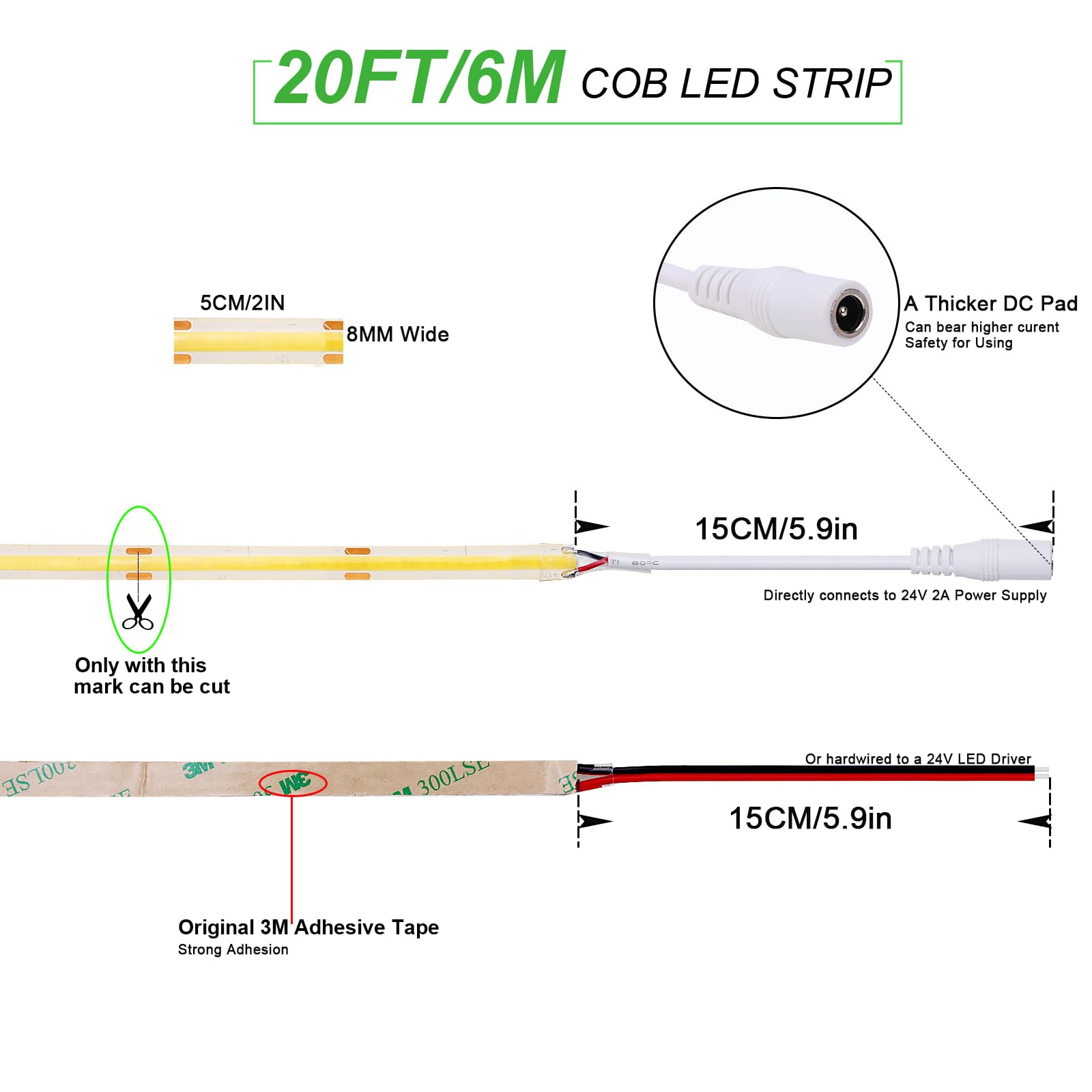 JOYLIT 24V Tira LED COB 6M Azul Impermeable IP65, 320LEDs/M 8MM Ancho Regulable Tiras de Luces LED para Gabinete de Cocina, Mostrador, Estante, Escalera