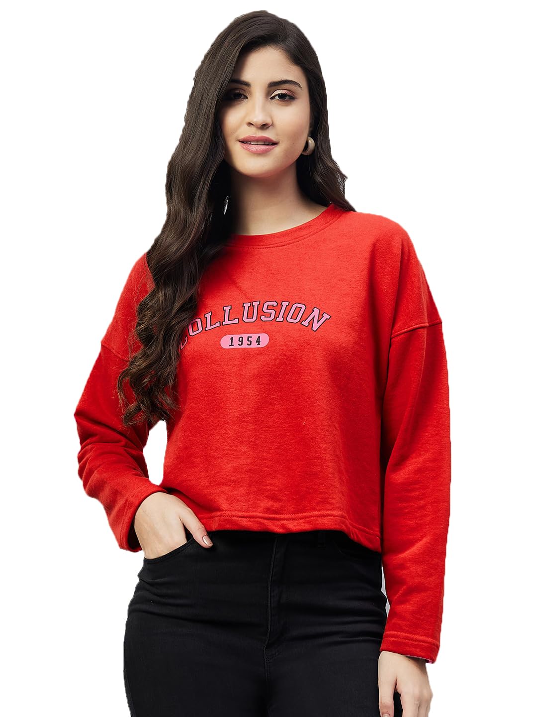 club york Women’s Red Cropped Sweatshirt – Trendy Cotton Blend Pullover with Text Print | Casual Round Neck Long Sleeve Top_CYW554-picture-36