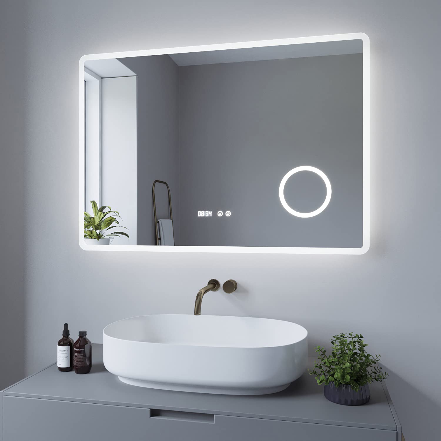 AQUABATOS® Espejo de baño de 100 x 70 cm con iluminación, espejo de pared LED, interruptor táctil, regulable + blanco frío 6400 K + antivaho + espejo de maquillaje de 3 aumentos