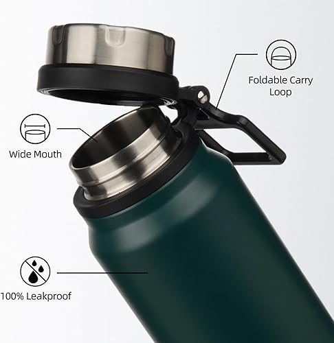 Miniatura 3 de BJPKPK Botella de agua aislada de 40 onzas con asa, sin BPA, botella térmica de viaje de acero inoxidable, botella de agua grande reutilizable,