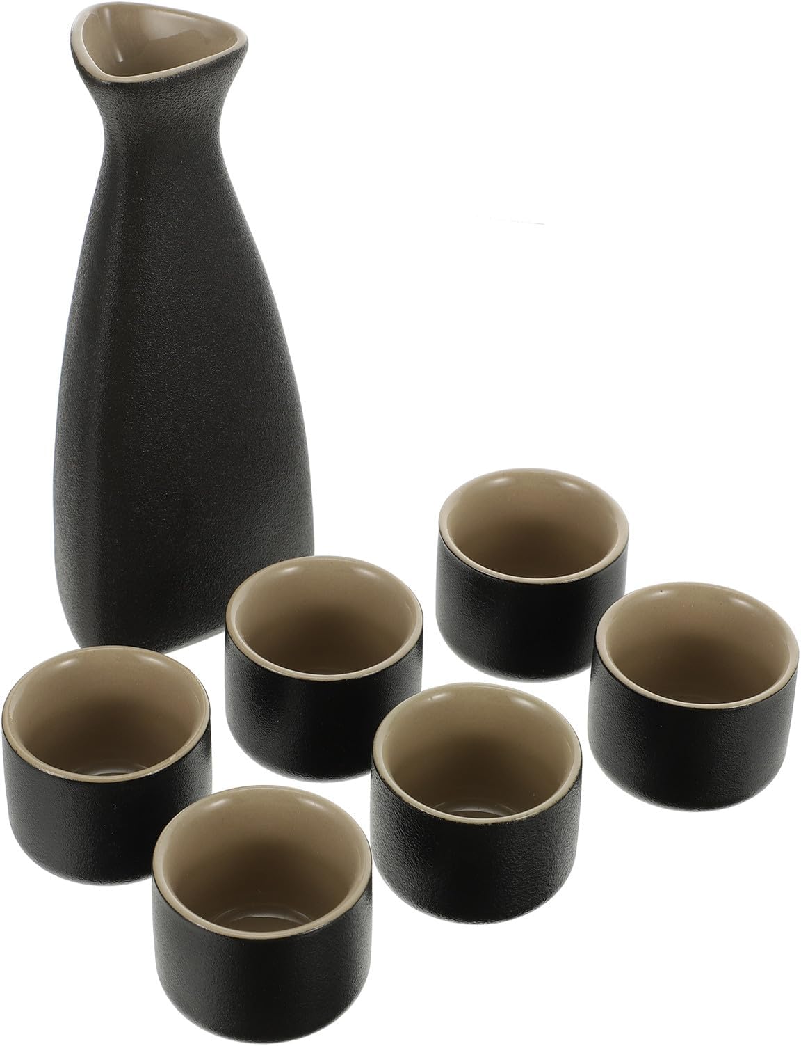 Mikikit 7pcs Ceramic Sake Set with Frosted Black Triangle Flask and 6 Japanese-Style Sake Cups, Multi-use Ceramic Wine and Tea Serving Cups for Business and Entertaining