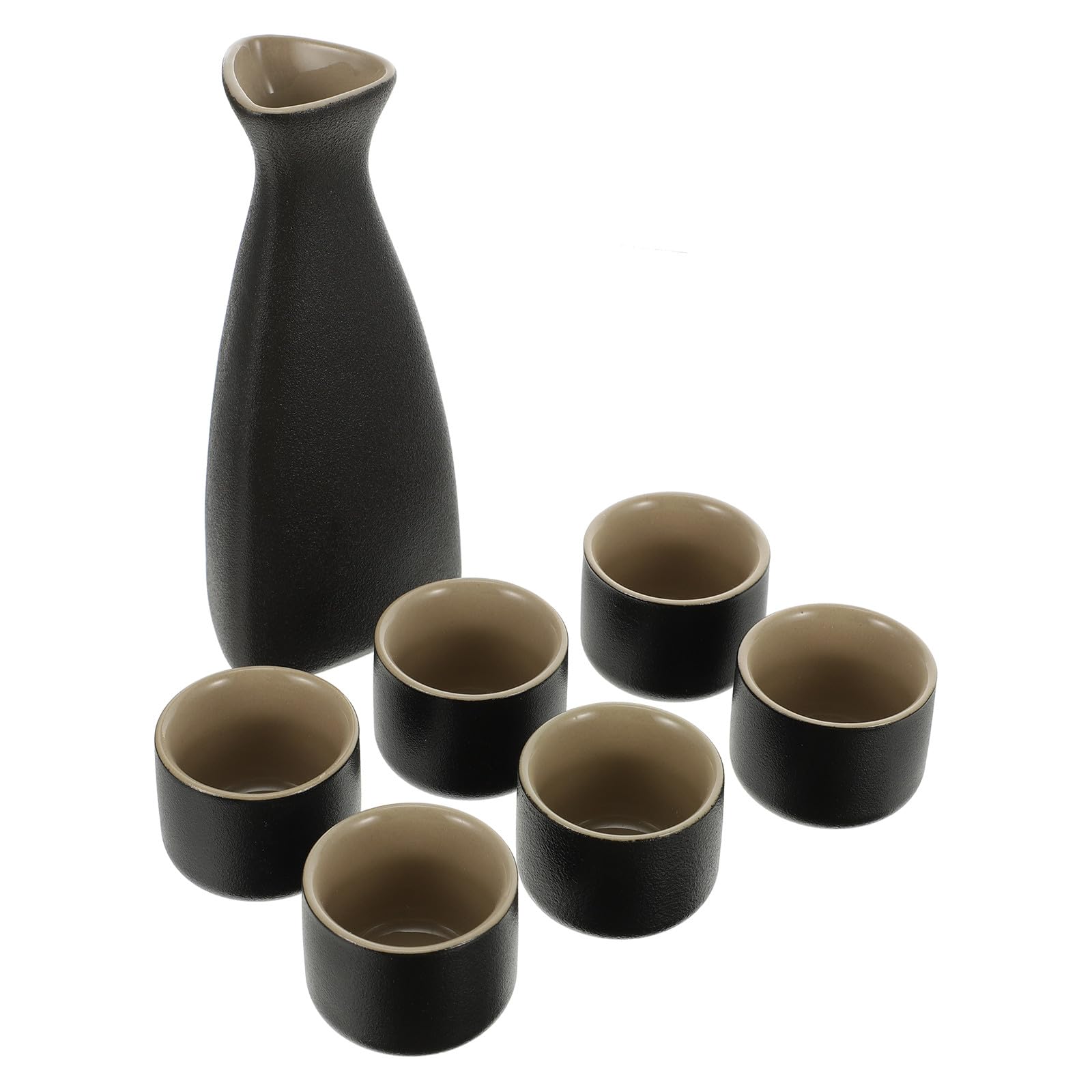 Mikikit 7pcs Ceramic Sake Set with Frosted Black Triangle Flask and 6 Japanese-Style Sake Cups, Multi-use Ceramic Wine and Tea Serving Cups for Business and Entertaining