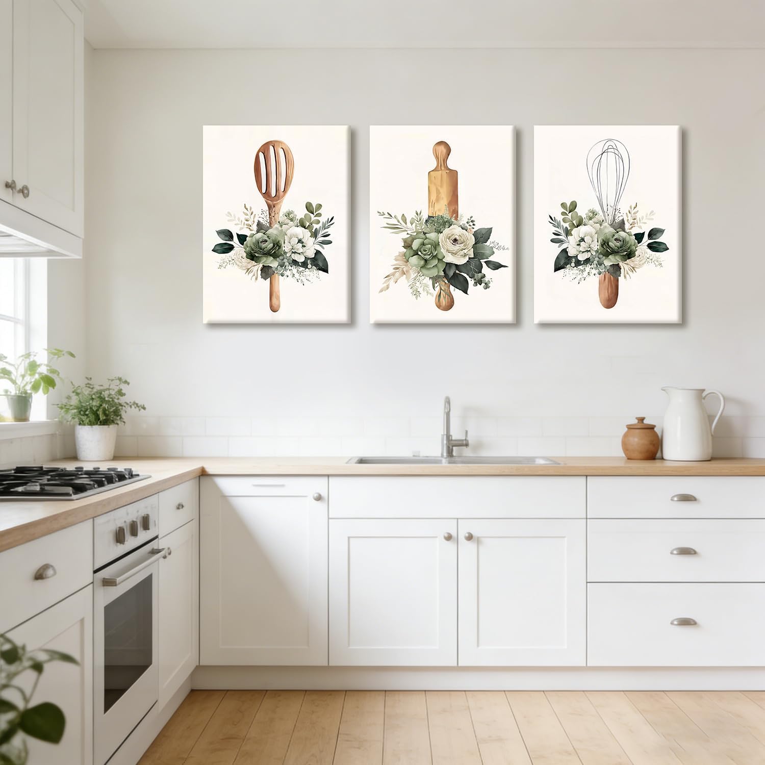 Doqueodas 3pcs Sage Green Plant and Flower Kitchen Canvas Framed Wall Art, Farmhouse Countryside Cooking Utensils Painting Picture Print Poster Can Be Hanged Directly Restaurant Wall Decor 12x16 inch